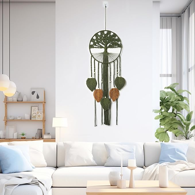 Large Tree of Life Dream Catchers, Macrame Wall Hanging, Boho Woven Tapestry, Macrame Wall Decor Art for Adults Boys Girls Bedroom Wedding Party, Festival Blessing Gift (Green & Brown)