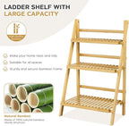 39.4" Foldable Plant Shelf Ladder Shelf, 3 Tier Bamboo Ladder Flower Pot Display Shelf, Freestanding Ladder Bookshelf for Garden, Balcony, Yard, Living Room, 23.6"W x 15"D x 39.4"H, Natural