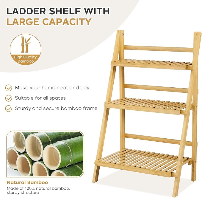 39.4" Foldable Plant Shelf Ladder Shelf, 3 Tier Bamboo Ladder Flower Pot Display Shelf, Freestanding Ladder Bookshelf for Garden, Balcony, Yard, Living Room, 23.6"W x 15"D x 39.4"H, Natural