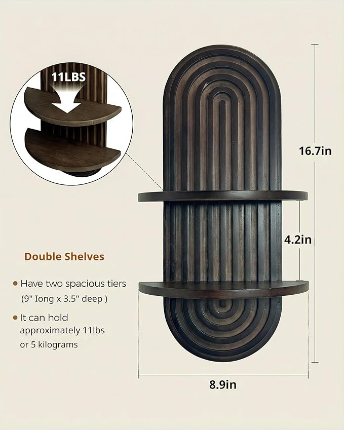 Bamworld Boho Wall Decor 2pcs Plant Wall Shelf, Mid Century Modern Decor Hanging Plant Shelf, 2-Tier Wooden Floating Shelves for Home, Bathroom Bedroom Living Room, Office Planter Decoration Walnut