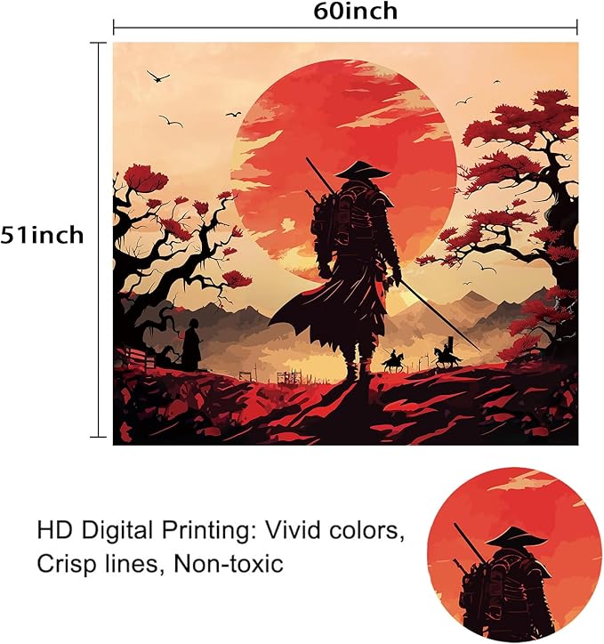 Atrippy Japanese Anime Samurai Tapestry, Cool Black Desert Red Sun Wall Hanging for Bedroom Aesthetic, Asian Japanese Sunset Wall Art Tapestries Poster Home Decor for Living Room Dorm 51x60 Inches