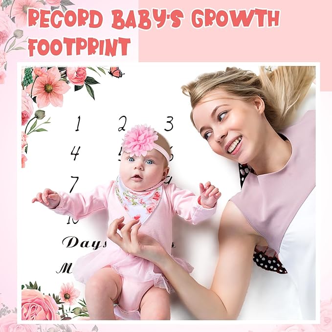 Chumia 6 Pcs Baby Monthly Milestone Blanket for Girl 60" x 40" Butterfly Milestone Blanket Age Photo Photography Backdrop with Newborn Calendar Growth Chart Bib Headband(Pink,Floral Pattern)