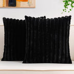 Pack of 2 Faux Fur Fall Throw Pillow Covers 22x22 Inch, Soft Plush Striped Neutral Couch Pillow Cover, with Velvet Back Modern Home Decor for Sofa Living Room Couch Bed Black