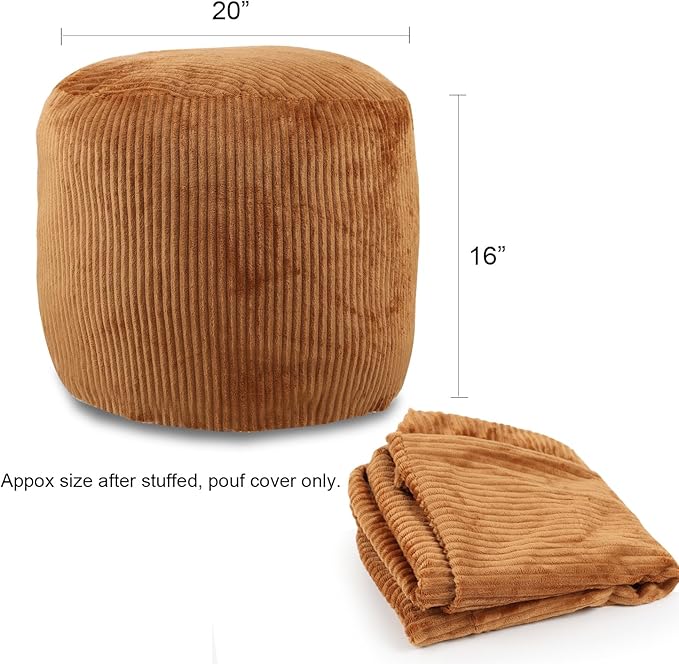 Sexysamba Round Corduroy Pouf Cover Only, 20"x 16" Unstuffed Decorative Ottoman Foot Stool Rest, Washable Storage Bean Bag Chair Floor Pouf Covers for Living Room Bedroom, Coffee