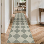 Beeiva Checkered Print Rug Runners for Hallways 2.5x10, Green Kitchen Runner Rugs Non Skid Washable Ultra Thin Faux Wool Long Carpet for Hallway, Checkerboard Neutral Floor Carpet for Kitchen Decor