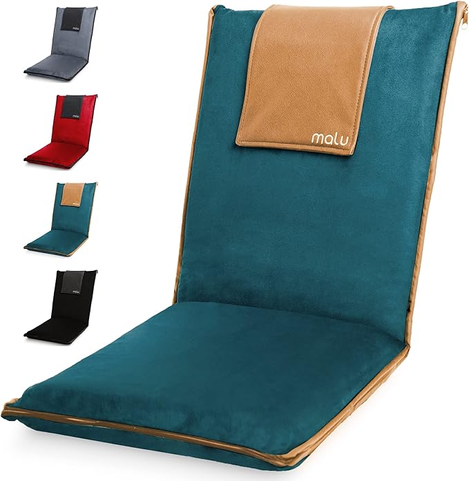 malu Portable Extra Large Padded Floor Chair w/Back Support – Japanese Meditation Cushion, Comfortable Folding Backrest, Removable Easy Wash Cover - Forest Green