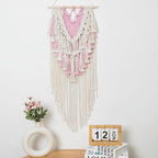 HVEST Pink Macrame Wall Hanging Boho Wall Decor Pink and Beige Tassel Woven Tapestry for Bedroom, Bohemian Tapestry for Girl Kids Room Living Room Nursery Dorm Wall Art Decor, 27L X 13W inches