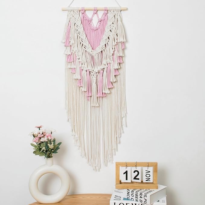 HVEST Pink Macrame Wall Hanging Boho Wall Decor Pink and Beige Tassel Woven Tapestry for Bedroom, Bohemian Tapestry for Girl Kids Room Living Room Nursery Dorm Wall Art Decor, 27L X 13W inches