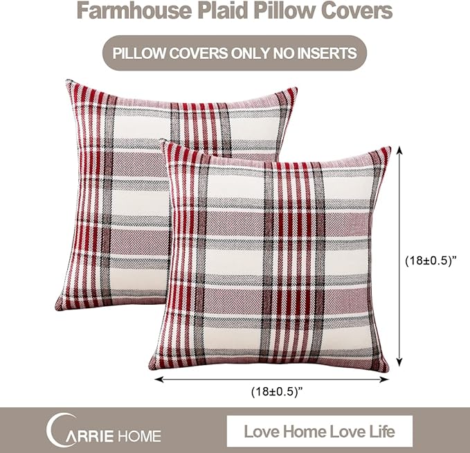 CARRIE HOME Red Christmas Tartan Plaid Pillow Covers 18x18 Set of 2 Farmhouse Buffalo Plaid Red Striped Throw Pillow Cover for Living Room Couch Sofa