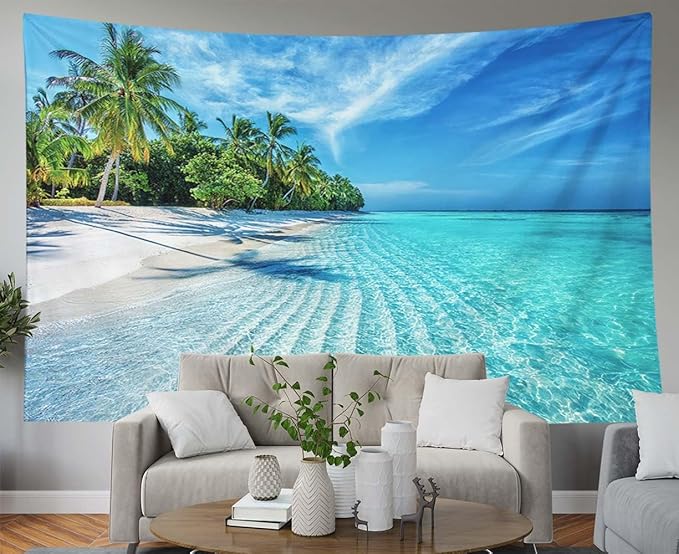 EMMTEEY Beach Tapestry Modern Wall Decor Small 60X40 Inch-Summer Calm Sea Waves with Palm Trees Durable Hanging Tapestry for Bedroom