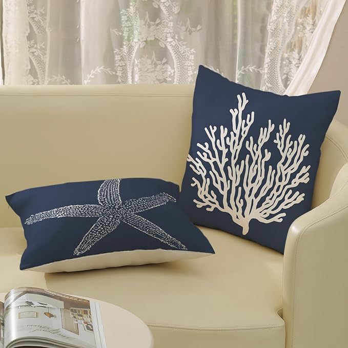 Navy Blue Coral Starfish Pillow Covers 20x20 Inch Set of 2 Coastal Throw Pillows Spring Summer Nautical Beach Ocean Decorations Linen Pillowcase Outdoor Decor Farmhouse Cushion Case for Home
