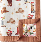 Little Jump Cowgirl Floral & Highlandcow Muslin Blanket Baby Quilt - Silky Soft and Breathable Crib Blanket for Daycare - Large 47" x 47" - 2 Layers Toddler Summer Blankets for Girls (Cow Girl)