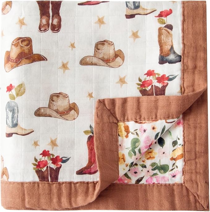 Little Jump Cowgirl Floral & Highlandcow Muslin Blanket Baby Quilt - Silky Soft and Breathable Crib Blanket for Daycare - Large 47" x 47" - 2 Layers Toddler Summer Blankets for Girls (Cow Girl)