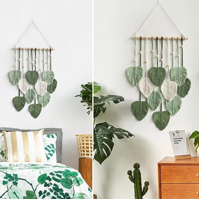 Avoik Macrame Wall Hanging Boho Woven Tapestry Handmade Home Wall Decor Bohemian Leaf Modern Chic Wall Art Green Feather Decorations for Living Room Bedroom Apartment Nursery Farmhouse Backdrop
