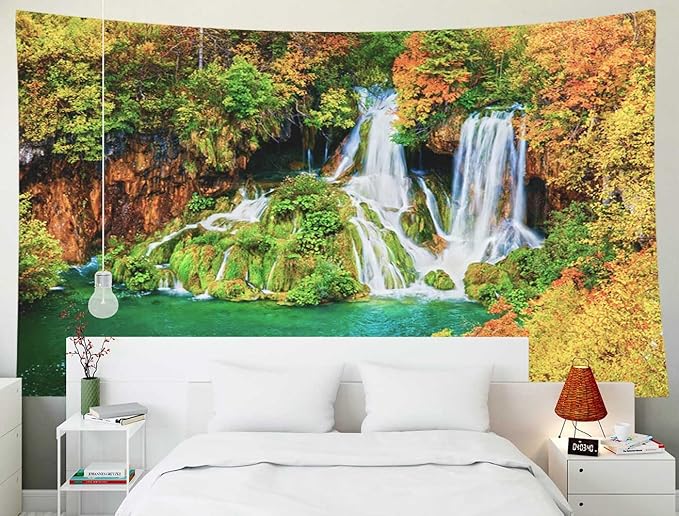 EMMTEEY Nature Tapestry - Tranquil Waterfall Scenery in Autumn Forest Wall Art 80X60 for Women