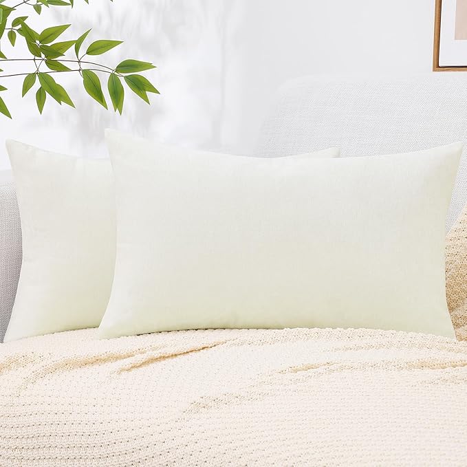 decorUhome Chenille Cream White Spring Throw Pillow Covers 12x20 Inch Set of 2, Decorative Soft Couch Pillow Covers Solid Dyed Accent Farmhouse Neutral Rectangle Pillow Cases for Sofa
