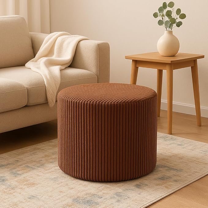 Round Pouf Ottoman and Foot Rest, Soft Corduroy Poufs with Sponge Chunk Filling, Comfort Sponge Stuffed Poofs for Couch Desk Resting Your Feet, Brown(17.1" D x 17.1" W x 14" H)