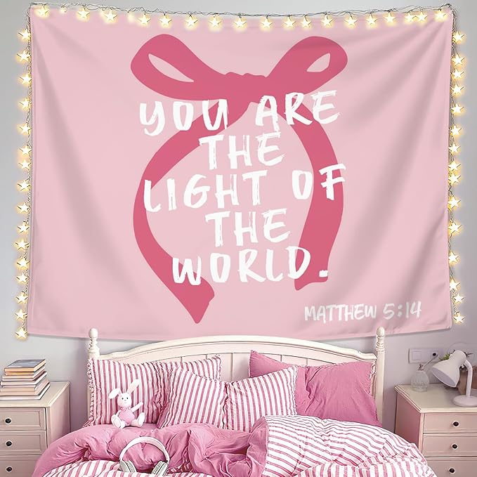 LIANGW Pink Coquette Bow Christian Tapestry, Inspirational Christian Tapestry for Women, Indoor Outdoor Wall Art for Bedroom, Girl Room Decoration Living Room Bedroom 50x60 inches