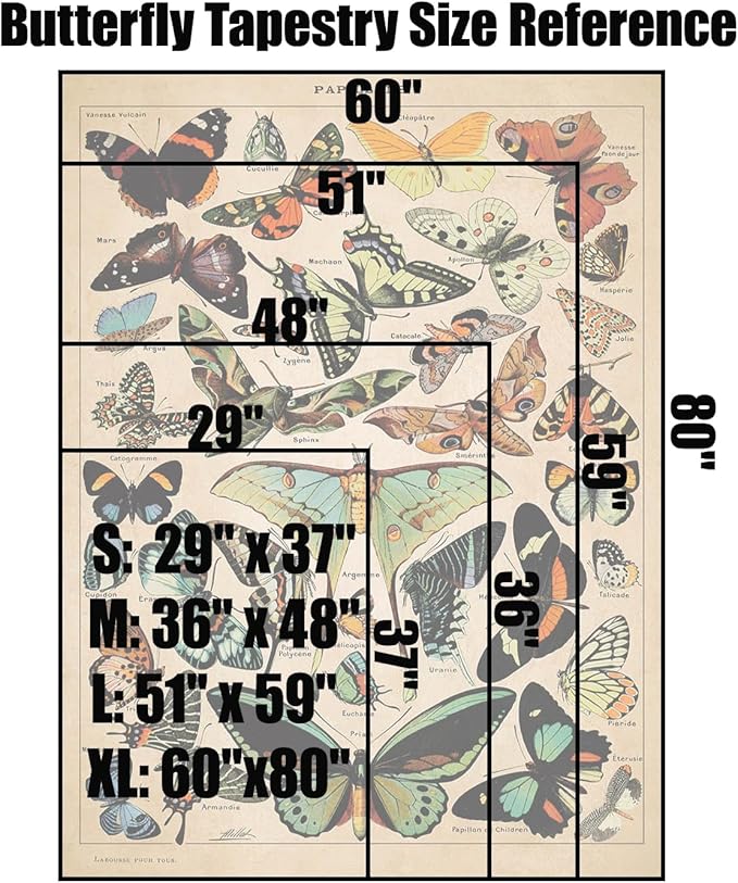 Vintage Butterfly Tapestry 48” x 36”, Long Vertical Wall Hanging Reference Illustrative Papillons Tapestries for Bedroom Aesthetic Butterfly Tapistry Cute Vertical Tapestry Wall Hanging Bedroom Decor