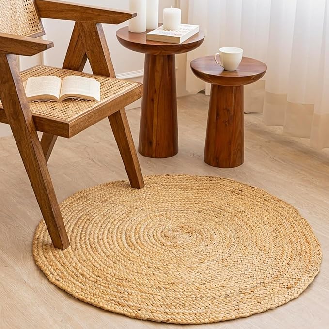 HOMEMONDE Handwoven Round Jute Rug - 3 feet Natural Yarn Loom Braided Rug Eco-Friendly Boho Farmhouse Reversible Design for Bedroom, Living Room, and Kitchen