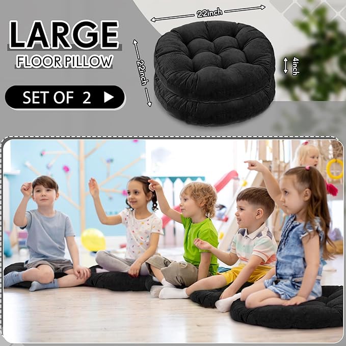 Jerify Floor Pillow Cushions Large Round Square Large Meditation Floor Pillow for Classroom Adult Meditation Picnic Party Seating Learning Daycare School(Round,Black,2 Pcs)