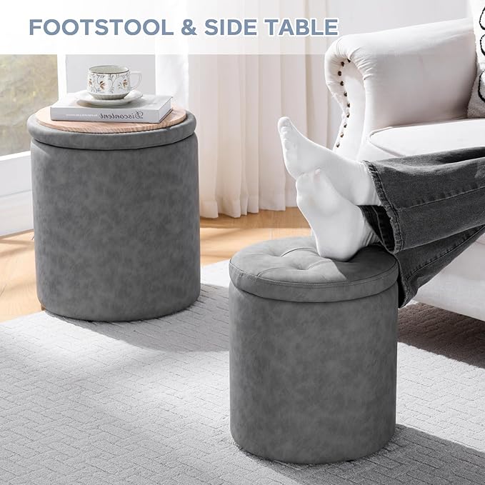12.6" W x 14.17" H & 14.76" W x 17.32" H Storage Ottoman Foot Stool for Couch, Nesting Round Vanity Stools Padded Ottomen, Leather Set of 2 Footrest for Living Room,Grey