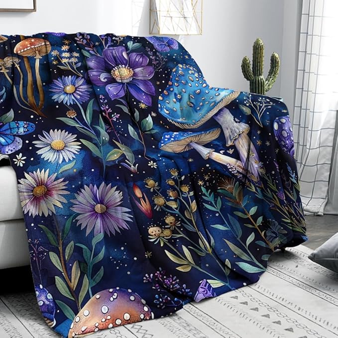 Cute Whimsical Mushroom Throw Blanket Aesthetic Dark Botanical Florals Throw,Witchy Gifts for Women,Gothic Gifts,Soft Cozy Warm Moth Witchy Plush Blanket Throw for Women Girls Mom 30"x40"
