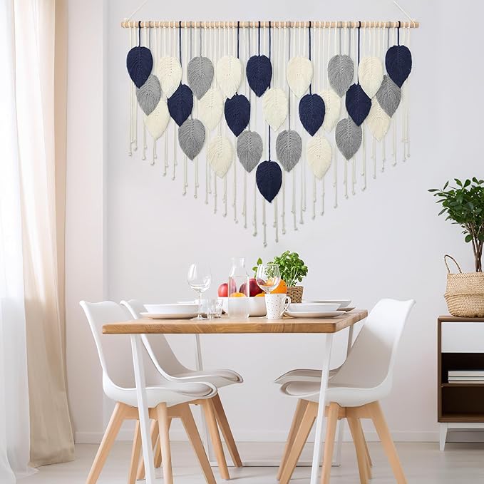 Weldomcor Large Macrame Wall Hanging Leaf Boho Woven Tapestry, Bohemian Chic Wall Hanging Feather Handmade Wall Art Home Decor for Bedroom Living Room Apartment Nursery Office Decoration 51.5"Wx33.5"L