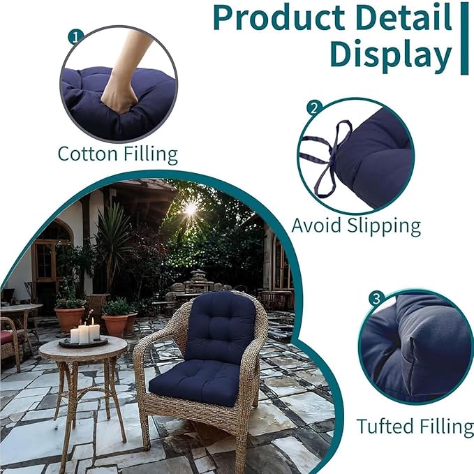 Set of 2 Outdoor Indoor U Shaped Wicker Seat Cushion Decorative Teal Tufted Chair Pads Chair Cushions Set for Patio Garden Home Office Furniture