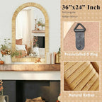 24x36 inch Rattan Arched Mirror for Wall, Bohemia Bathroom/Farmhouse Boho Mirrors, Vanity Irragular Decorative Arched Mirror, Suitable for, Bedroom, Living Room, Home Decoration