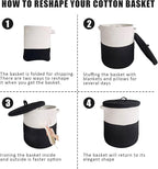 Large Storage Basket with Lid 60L, 16"Wx18"H Woven Laundry Hamper Basket with Handle, Room Decor Cotton Rope Wicker Basket Toy Organizer Bins for Clothes Blankets Pillows, Black/White Mix includes Lid
