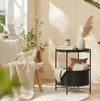 danpinera Round Side Table with Fabric Storage Basket, Metal Small Bedside Nightstand Removable Tray Top for Living Room, Bedroom, Nursery, Laundry, Ink Black