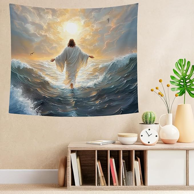 bitCNY Jesus Walking on Water Tapestry 60x50 Inches – Christian Wall Hanging for Living Room Bedroom, Religious Decor, Inspirational Jesus Christ Art for Home