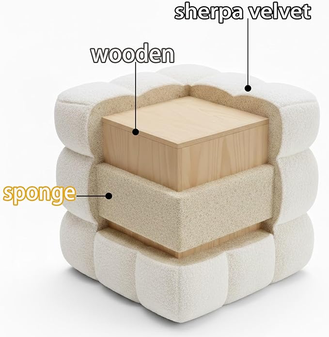 White Square Ottoman 17''3 Cube Pouf Installed,no Vacuum,Sturdy Wooden Frame,Capacity 330 lbs,Modern Sofa Stool Fuzzy Sherpa Footstool,Foot Rest,Cube Boucle,Vanity Stool,for Couch Living Room