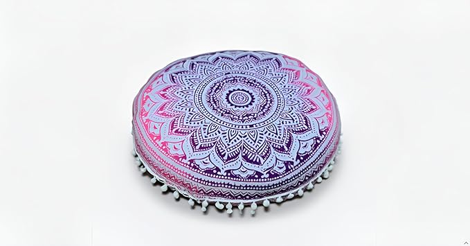 CRAFT KALA Round Mandala Boho Pillow Cover Meditation India Room Seating Poufs Cover for Living Room Yoga Room Home Décor Bedroom Balcony Garden Decoration Cotton Floor Cushion Cover (32", Pink Ombre)