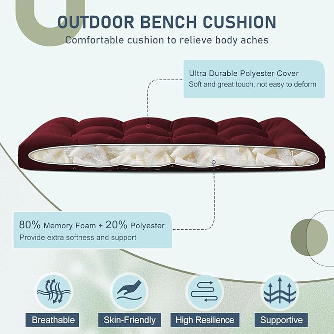 downluxe Outdoor Bench Cushion for Patio Furniture, Water Resistant Tufted Overstuffed Porch Swing Cushions, Thick Outdoor Loveseat Cushions, 48" X 18" X 5", Burgundy, Set of 1