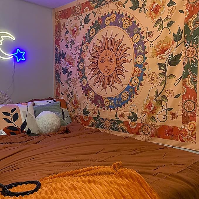 Aipon Yellow Sun and Moon Tapestry Indie Tapestries Boho Orange Flower Floral Tapestry Wall Hanging Cool Vintage Aesthetic Wall Tapestry for Bedroom Living Room Dorm (90.6'' × 70.8'', Orange)