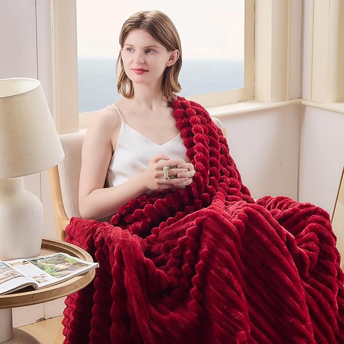 NEWCOSPLAY Super Soft Twin Blanket Red Premium Silky Flannel Fleece 3D Ribbed Jacquard Lightweight Bed Blanket All Season Use (Red Ribbed, Twin(60"x80"))