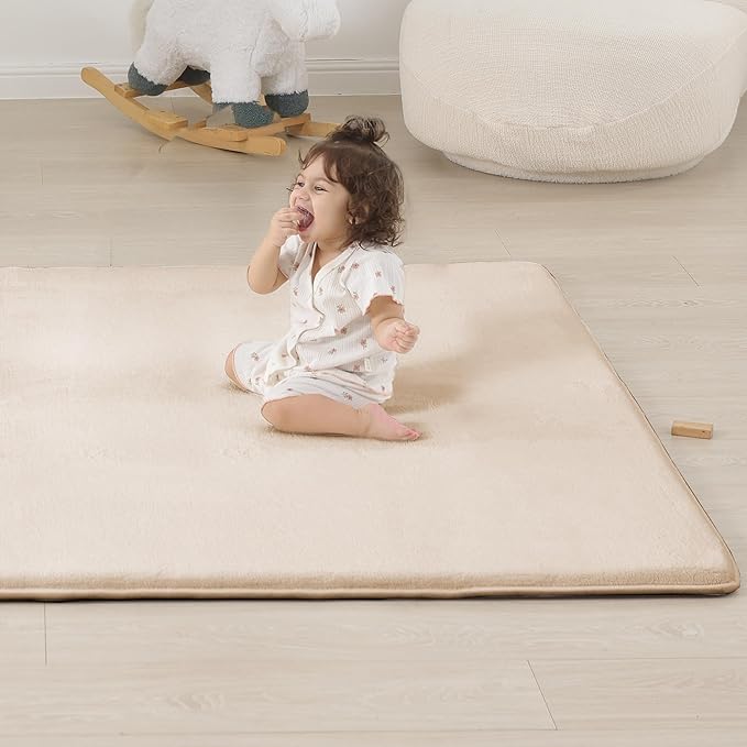 1.3" Thick Baby Floor Play Mat 50x74, Basic Padded Foam Mat for Tummy Time Crawling, Non Slip Cushioned for Babies Toddlers Infants Kids (Beige)