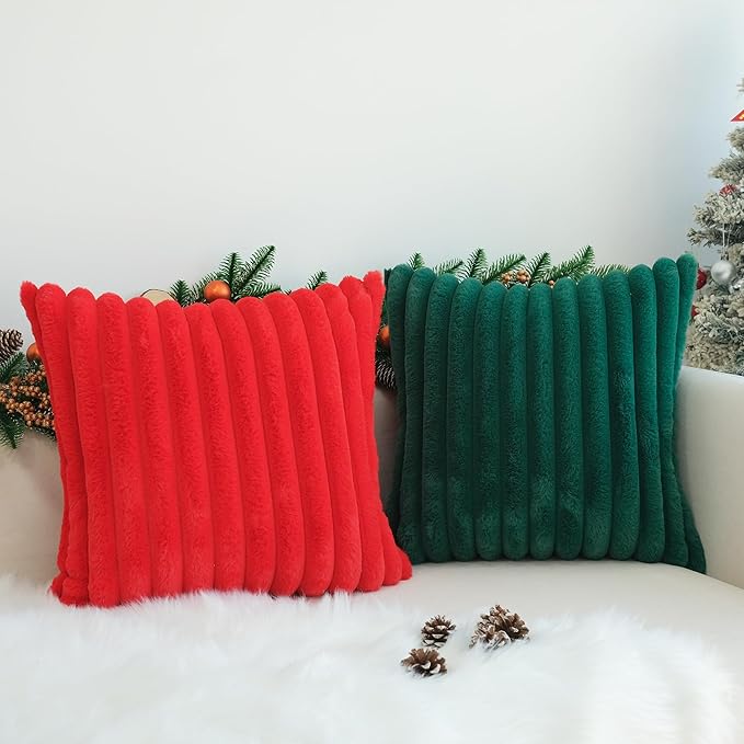 JOJUSIS Pack of 2 Faux Fur Plush Decorative Throw Pillow Covers Couch Cushion Case Soft Pillowcases (Dark Green, 24 x 24-Inch)