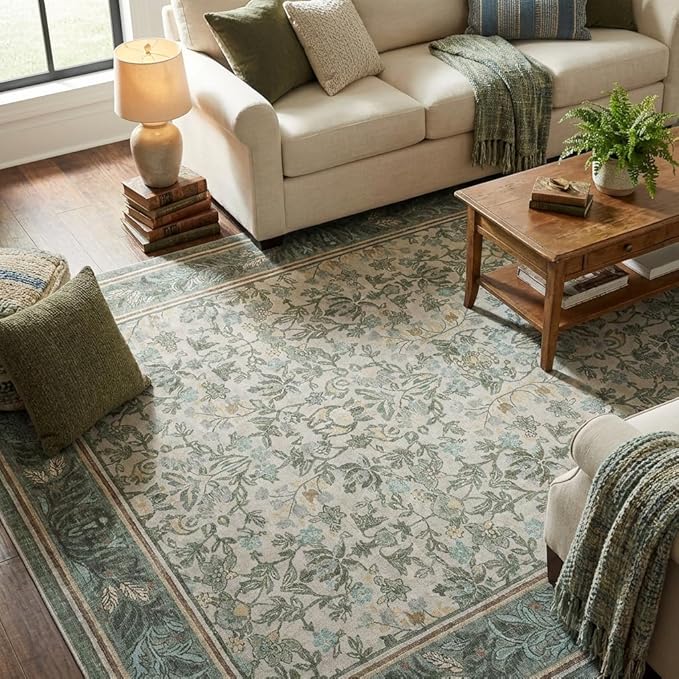 GarveeHome 5x7 Area Rugs Washable Rugs for Living Room, Boho Vintage Rug Non Slip Low Pile Stain Resistance Indoor Soft Large Carpet for Bedroom Dining Room Office Sage Green