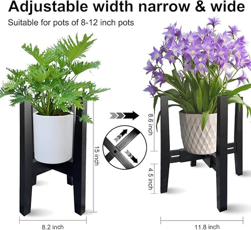 Adjustable Plant Stand Indoor Bamboo Mid Century Modern Plants Stand Corner Plants Flower Holders Single Floor Plant Stands- 8.2-11.8 in (Pot & Plant Not Included) (Black, （8.2-11.8in）)