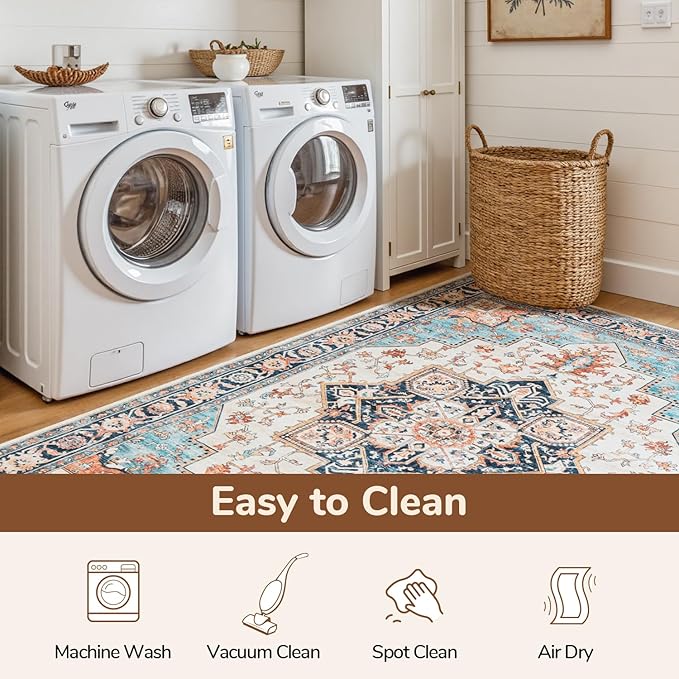 Lessymo 9×12 Area Rugs Washable for Living Room, Large Soft Indoor Rug Non-Slip for Bedroom Kitchen Dining Room Dorm Nursery, Vintage Boho Carpet Stain Resistant for Office Home Decor, Orange/Blue