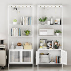 4-Tier Ladder Shelf with Drawers 59.5"H x 24.8"L x 10.6"W, Ladder Bookshelf with 6 Hooks, Tall Narrow Retro Bookcase, Freestanding Storage Shelf for Living Room, Home Office, Bedroom, White