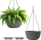 T4U 8 Inch Hanging Planters for Indoor Outdoor Plants, Self Watering Hanging Pot Pack of 2, Hanging Pots with Drainage Hole & Plug & Chain with 3 Hooks for Garden Home Decor, Grey