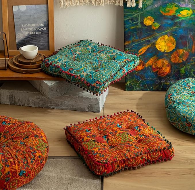 Square Bohemian Floor Pillow, Meditation Floor Seat Cushion, Large Soft Cotton Linen Chair Pad for Yoga Living Room Balcony Outdoor Tatami, 16.5x16.5 Inch (Square Blue)