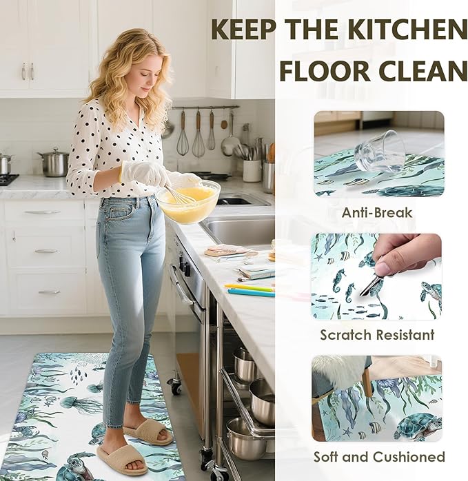 Sea Turtle Rugs for Kitchen Floor, Coastal Beach Anti Fatigue Mats for Kitchen Floor Non Slip, 2PCS Rubber Kitchen Mat, Washable Cushioned Carpet for Sink Laundry Christmas 15.7"×27.5" +15.7"×47"3.5mm