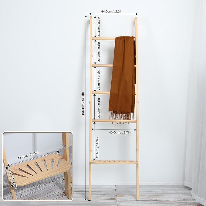 Taozun 66in Boho-Style Blanket Ladder for Living Room Decor, Wall-Leaning Farmhouse Display Towel Rack for Throw Quilt with Ladder Shelf, Wooden Blanket and Towel Holder for Bathroom
