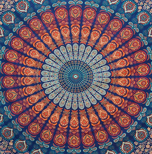 Bless International Handmade Indian hippie Bohemian Psychedelic Peacock Mandala Wall hanging College Dorm Beach Throws Table Cloth Bedding Tapestry (Golden Blue, King(88x104Inches)(225x265Cms)) - color: Golden Blue, size: 104"L x 88"W