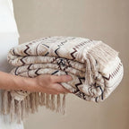 CASAAGUSTO Boho Throw Blanket - Beige and Gray Decorative Blankets with Tassel, Printed Flannel Bohemian Blanket for Chair, Bed, Sofa, Couch(50 * 60, Beige and Gray)